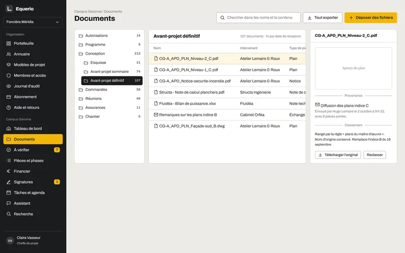 Documents screen of a project: the file plan tree, the list of documents in a folder, and where the selected document came from.