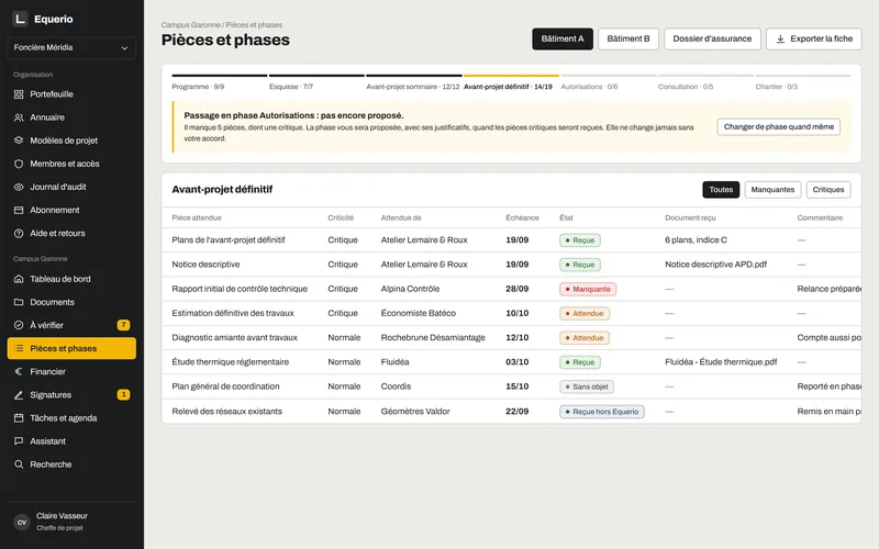 Documents by phase screen: each expected document, with its status — received, missing or expected.